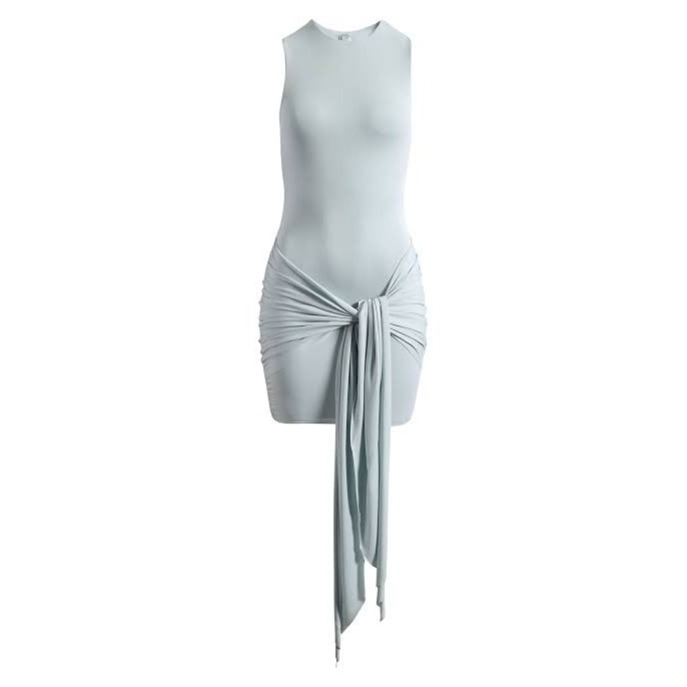 SKIMS Cupro Sarong Tie Mini Dress Light Blue Small Sleeveless Bodycon